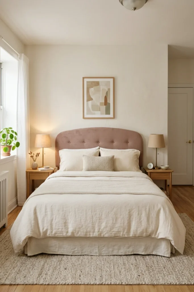 Small apartment bedroom with a soft blush upholstered headboard