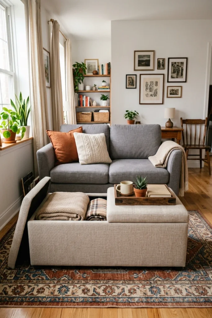 Multifunctional storage ottoman used as a coffee table in a small apartment