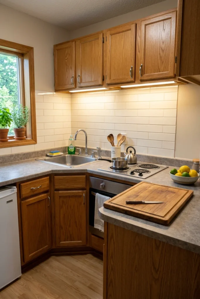Small rental kitchen with a temporary backsplash upgrade