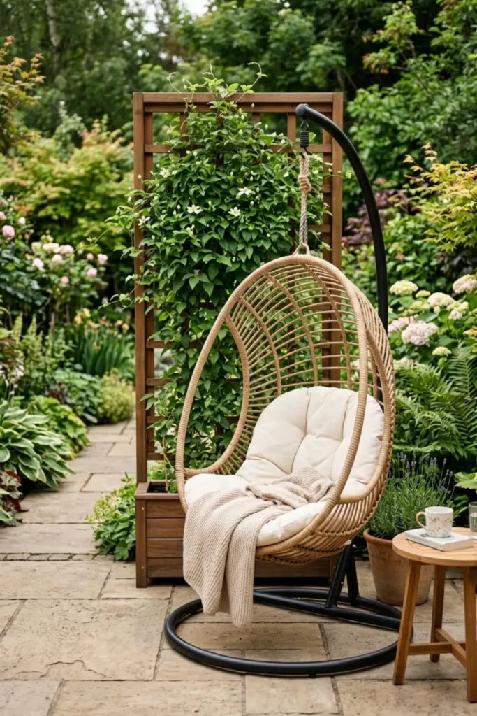 Patio hanging chair with a green climbing trellis behind it