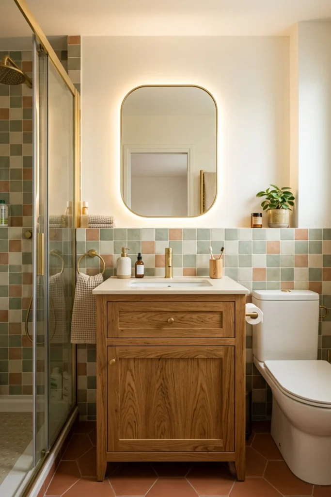 Retro bathroom with a warm oak vanity and colorful tile