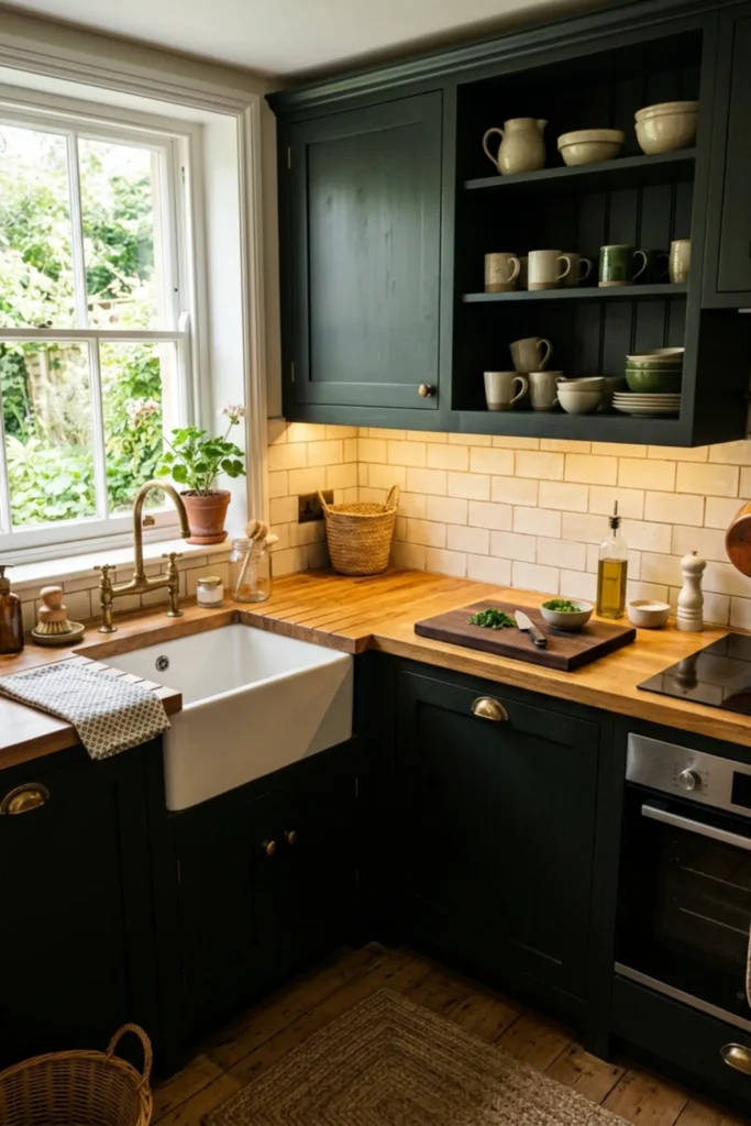 Dark cottagecore kitchen with a warm wood worktop