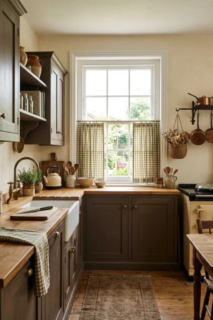 Dark cottagecore kitchen with a gingham cafΓ© curtain