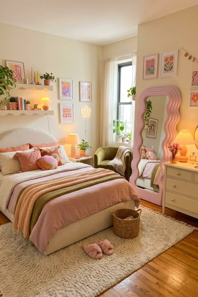 Funky bedroom with a modern wavy mirror
