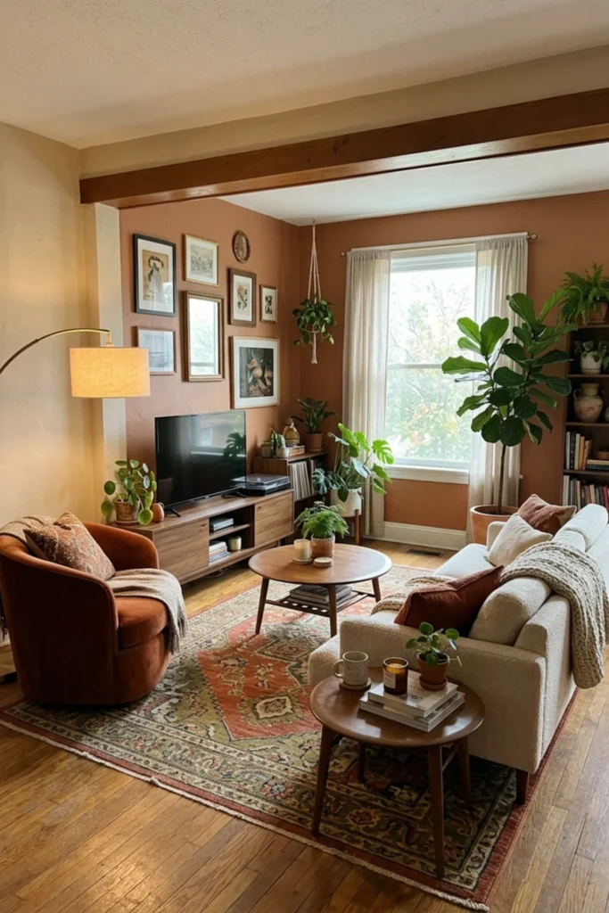 Apartment living room with one colorful accent chair