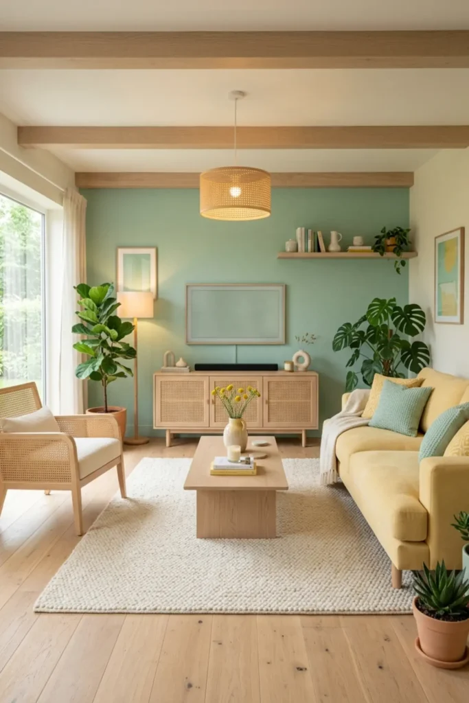 Yellow and mint living room with pale wood and cane furniture