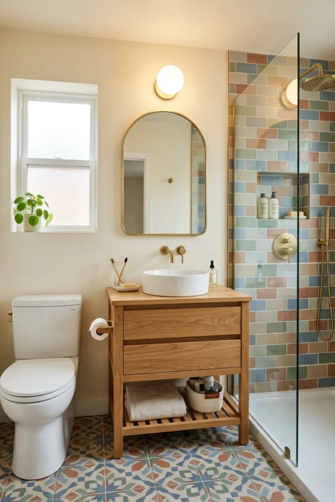 Retro apartment bathroom with an opal-glass globe light