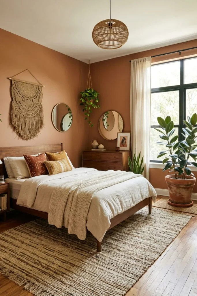 Afrohemian bedroom with one tall green plant in a terracotta pot