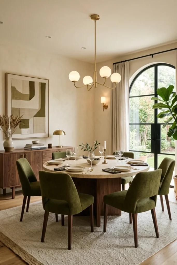 Olive dining room with a warm travertine-look dining table