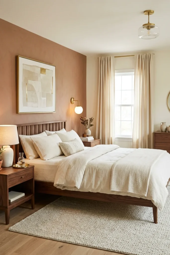 Terracotta bedroom with a warm walnut bed and cream bedding