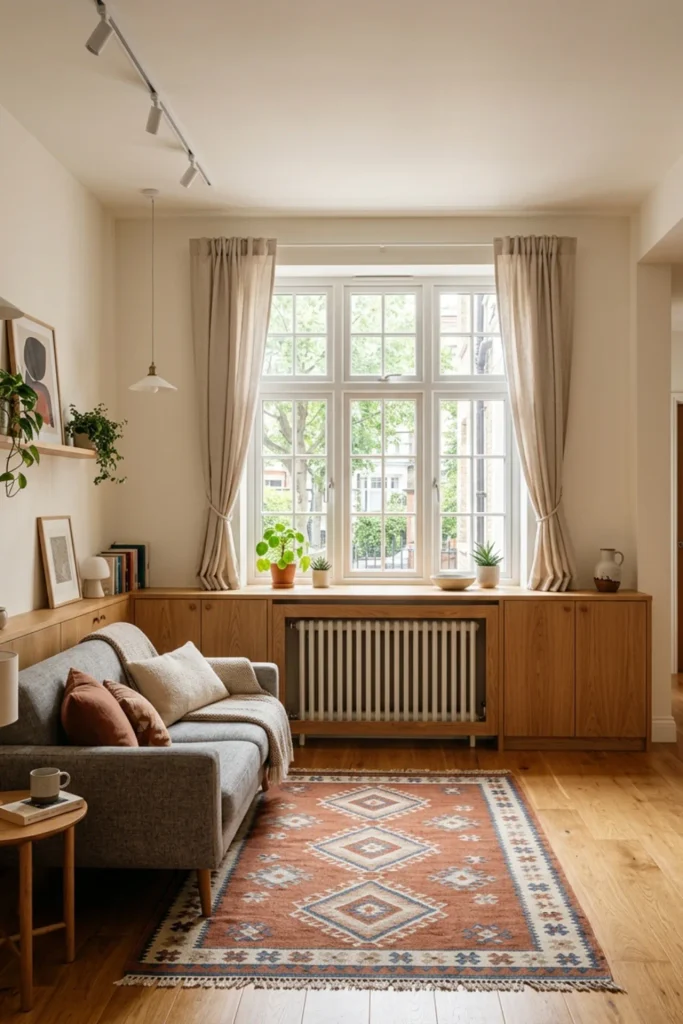 Small apartment window wall with low hidden storage cabinets