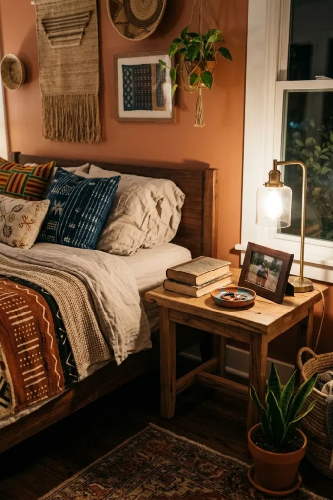 Collected Afrohemian nightstand with books, pottery and a simple lamp