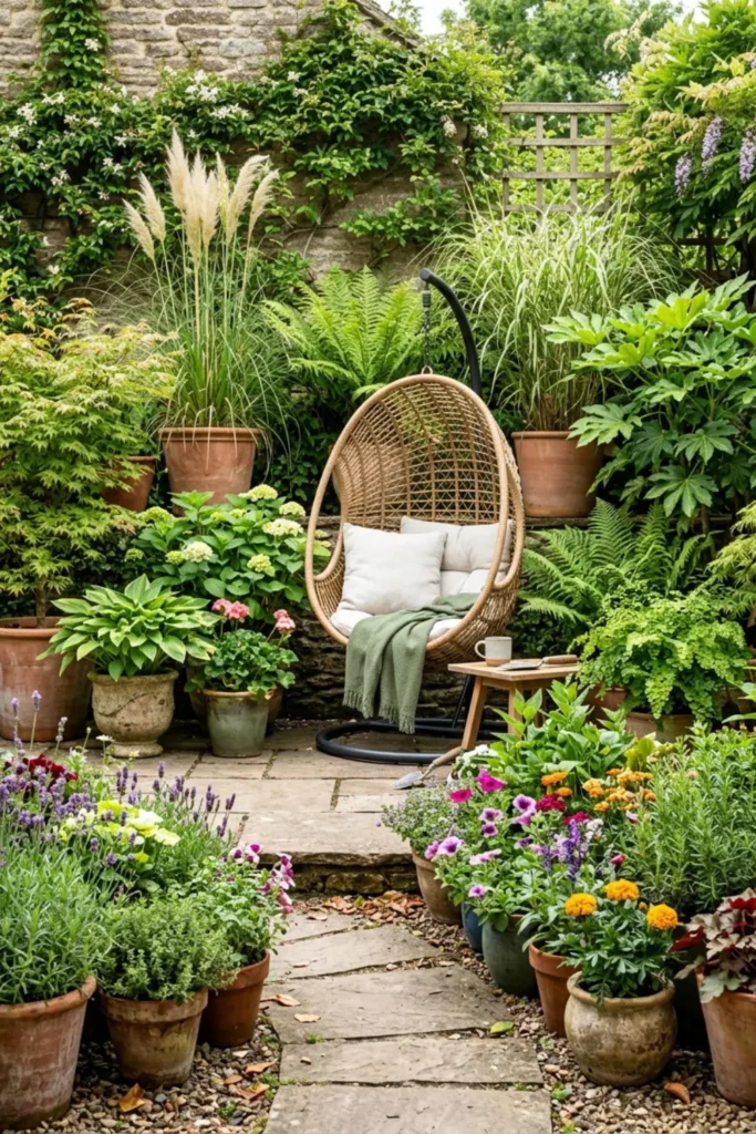 Layered container patio garden arranged around a hanging chair