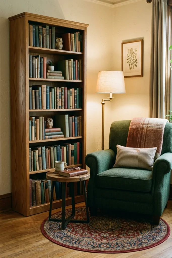 Small reading nook beside a narrow bookcase