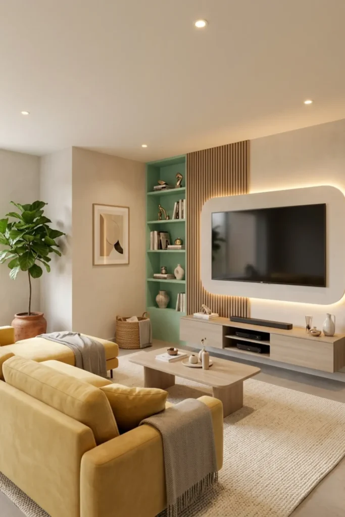 Yellow and mint living room with a curved LED TV wall design