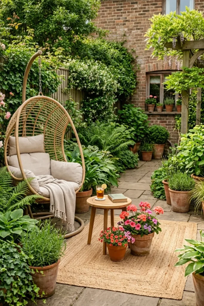 Hanging chair patio refreshed with a small seasonal flower color change