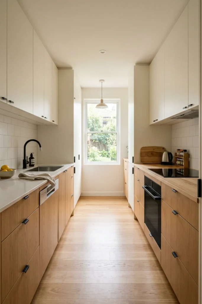 Galley kitchen with slim low-profile cabinet hardware