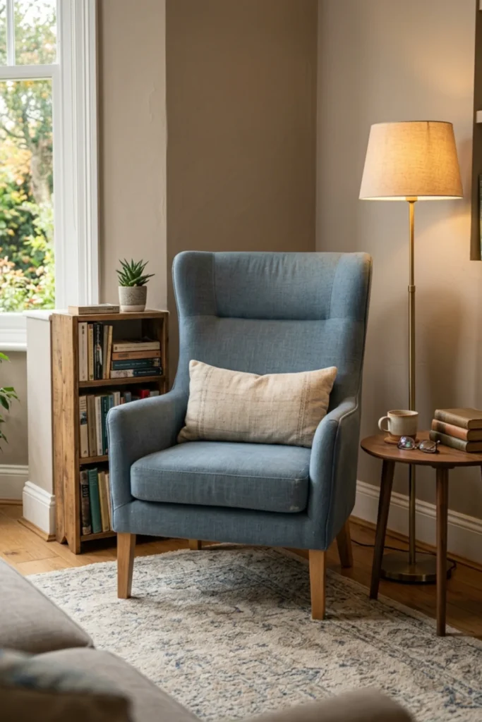 Cozy small reading nook with a supportive high-back chair