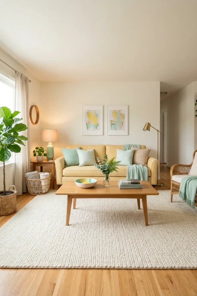 Yellow and mint living room grounded by a cream rug
