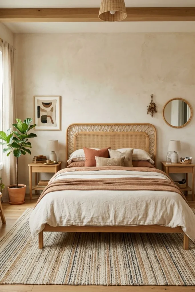 Afrohemian bedroom with an open-weave rattan headboard and linen bedding
