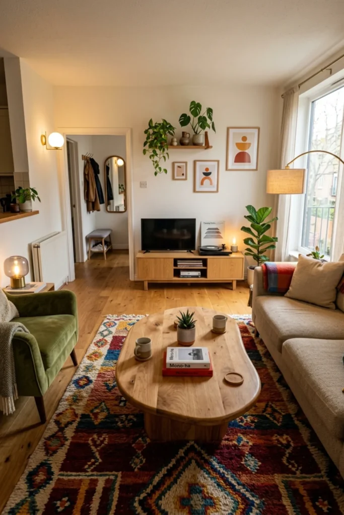 Apartment living room with a rounded organic coffee table