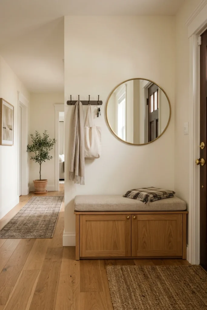 Small apartment entry with a multifunctional storage bench