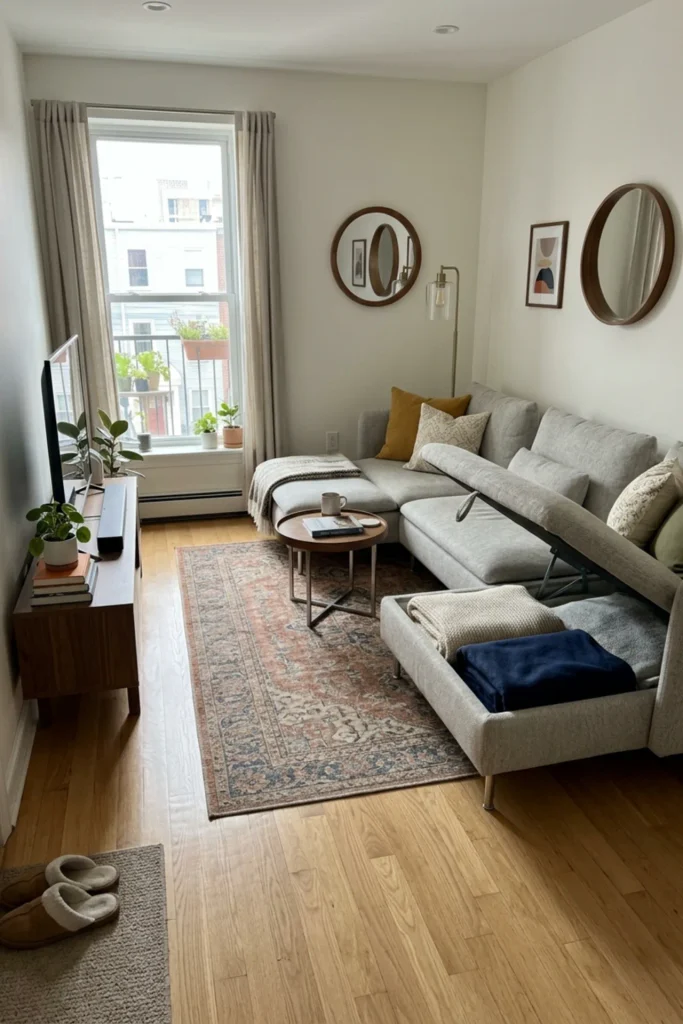 Small apartment sofa with hidden storage inside the chaise