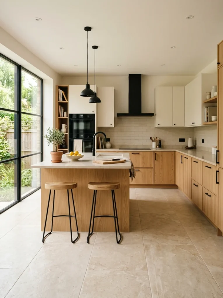 White oak and black kitchen with a warm light floor