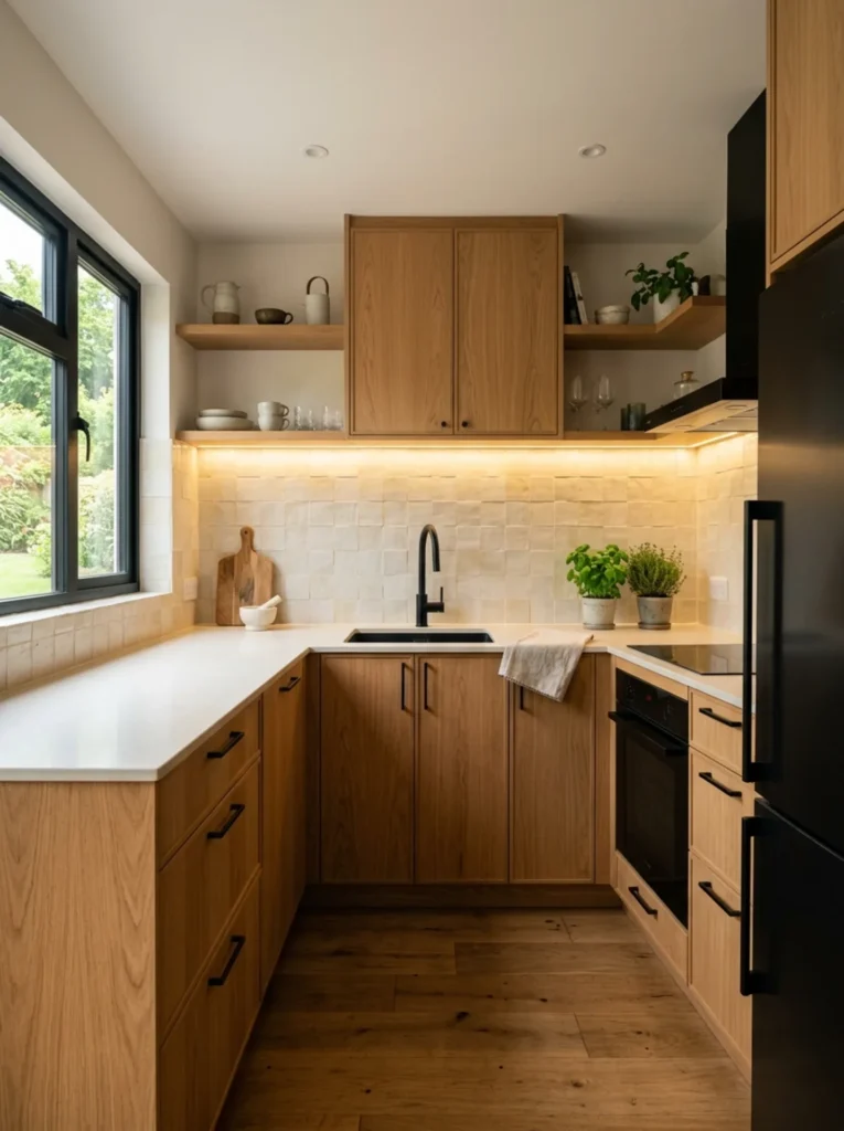 White oak kitchen with a warm off-white tile backsplash