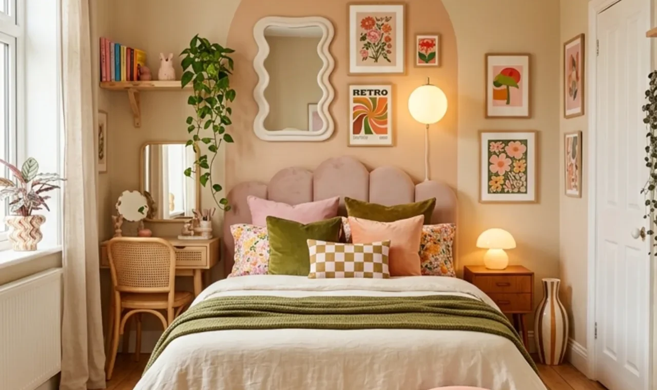 Colorful funky bedroom with curved headboard, checker rug, bold accents and warm layered lighting