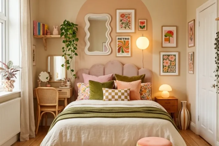 Colorful funky bedroom with curved headboard, checker rug, bold accents and warm layered lighting