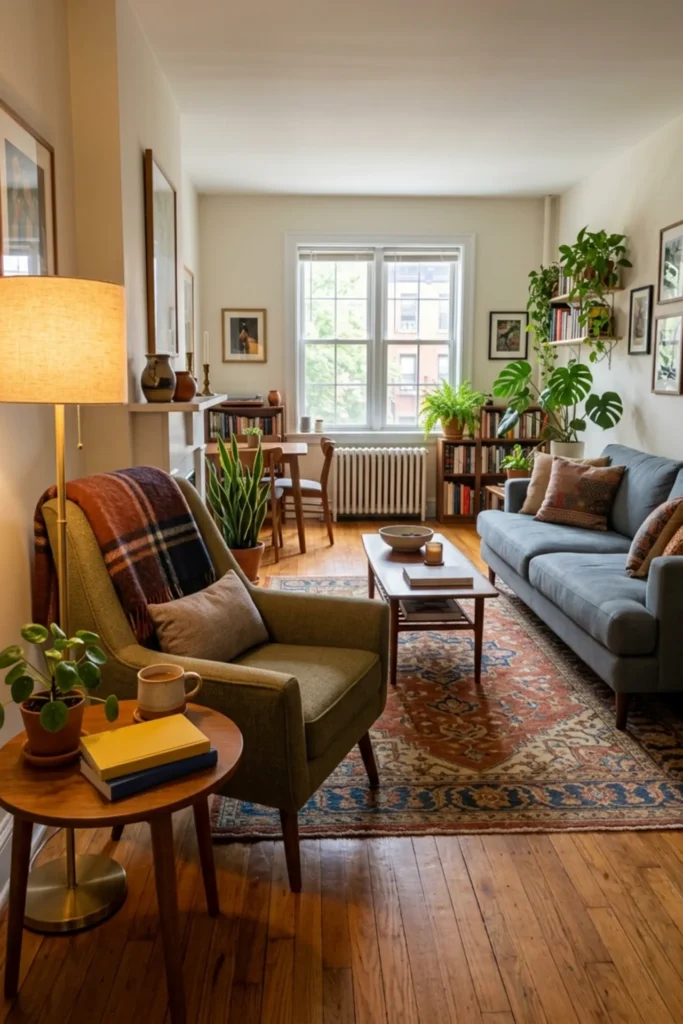 Apartment living room with a cozy reading corner