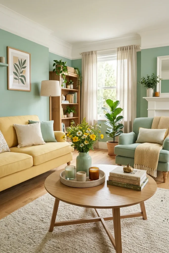 Yellow and mint coffee table styling in a cozy modern living room