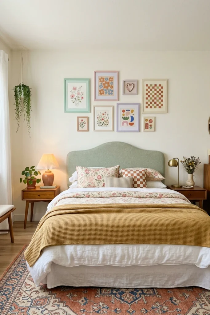 Colorful bedroom with a small edited funky gallery wall