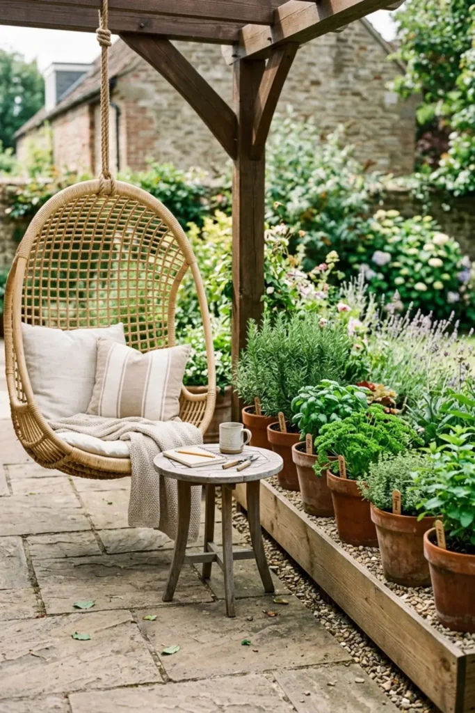 Patio hanging chair beside a practical container herb garden