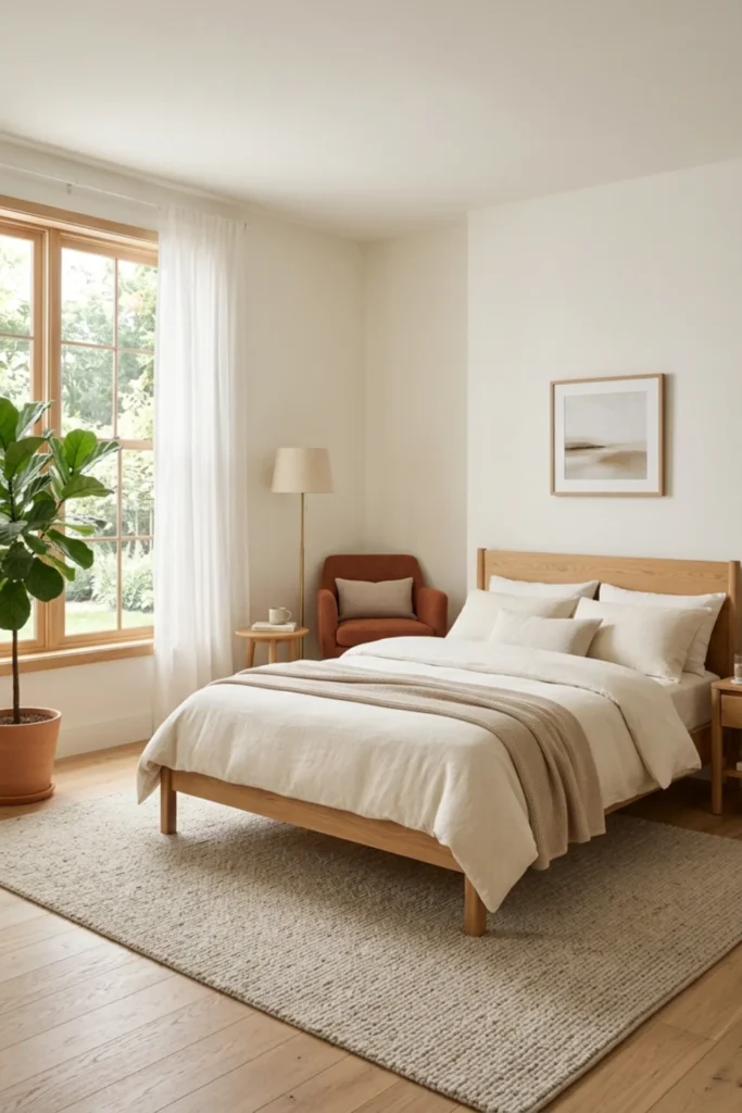 Terracotta bedroom with a compact clay-colored reading corner