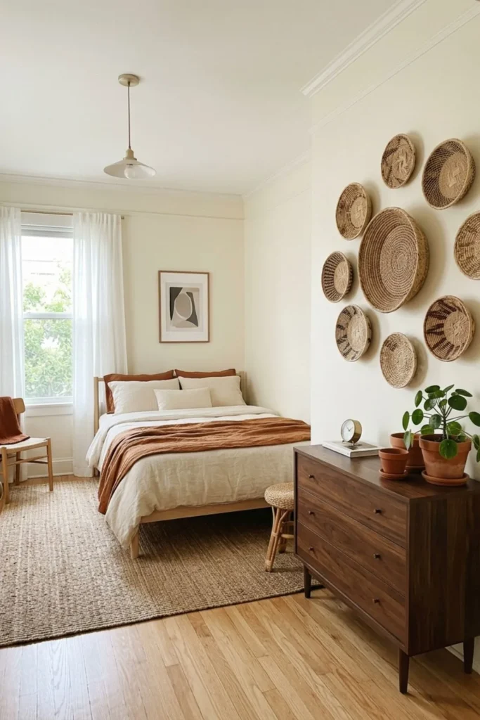 Afrohemian bedroom with a woven basket gallery wall above a wood dresser