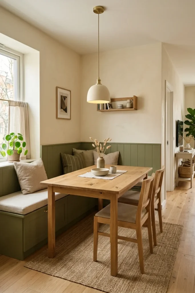 Modern olive dining nook with a built-in bench