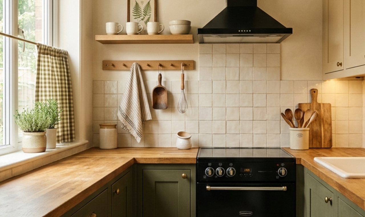 Small dark cottagecore kitchen with olive cabinets, wood counters and warm cream details
