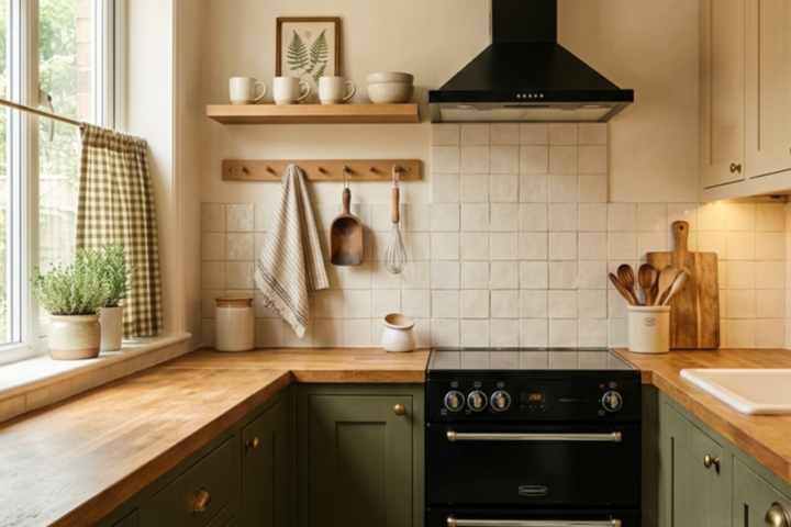 Small dark cottagecore kitchen with olive cabinets, wood counters and warm cream details