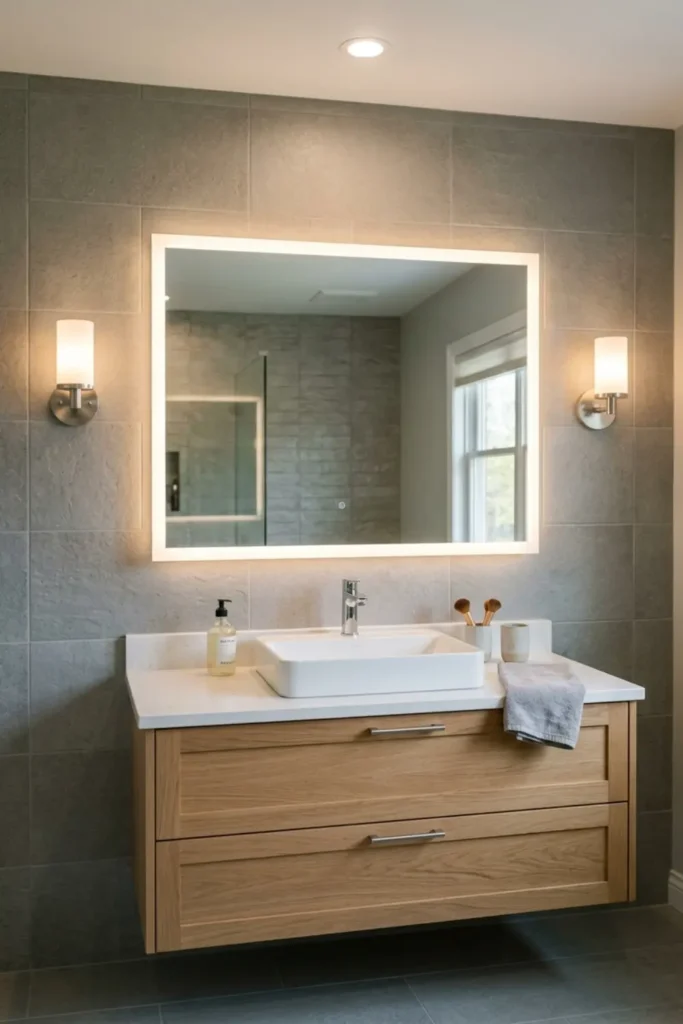 Grey Bathroom Ideas with LED Mirror