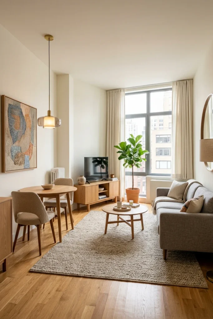 Finished small rental apartment styled to feel larger and more expensive