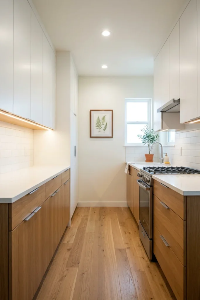 Finished small galley kitchen with a bright open end view and clear aisle
