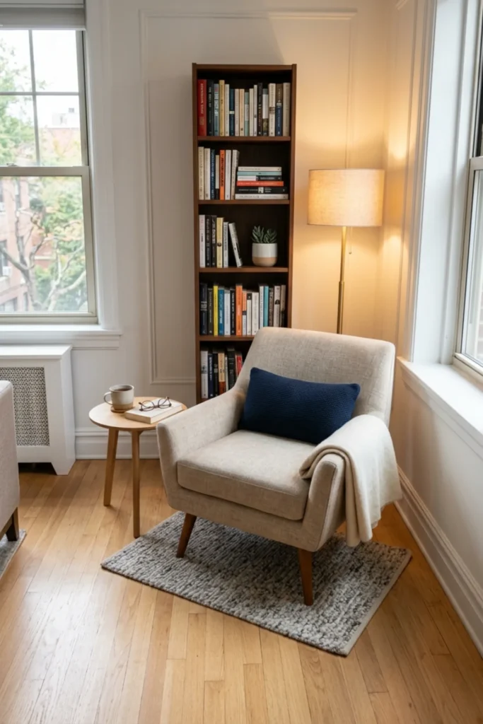 Finished small reading nook with a comfy chair and clear open space