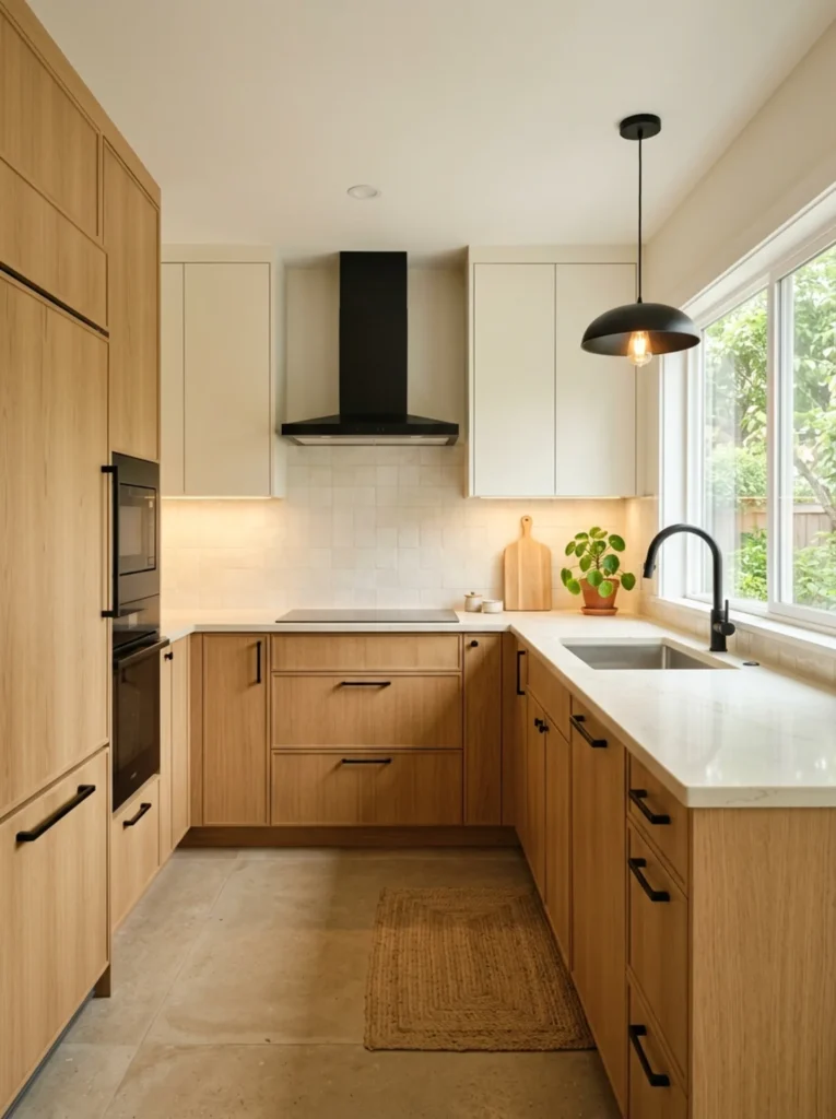 Finished white oak and black small kitchen with a warm modern look