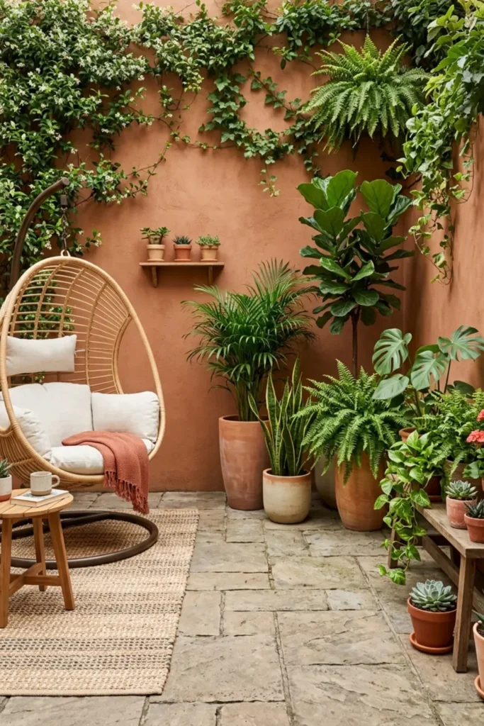 Finished patio garden with hanging chair styled lush but uncluttered