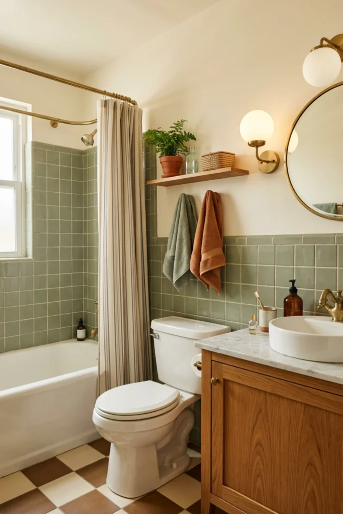 Finished retro apartment bathroom with colorful tile and warm wood