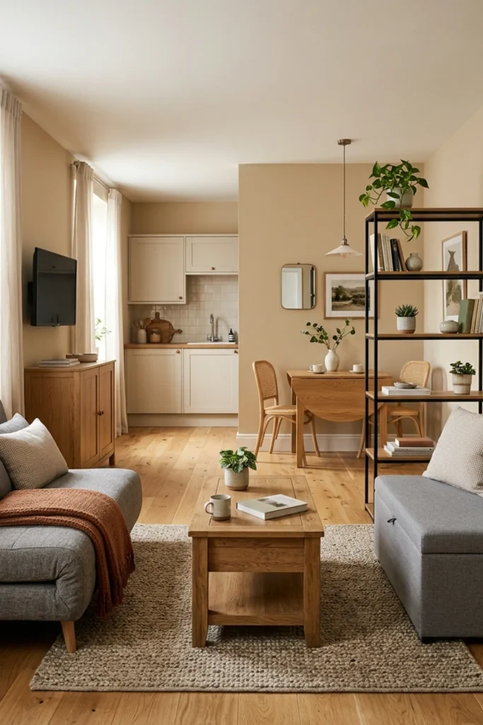 Finished small apartment with multifunctional furniture and clear open space
