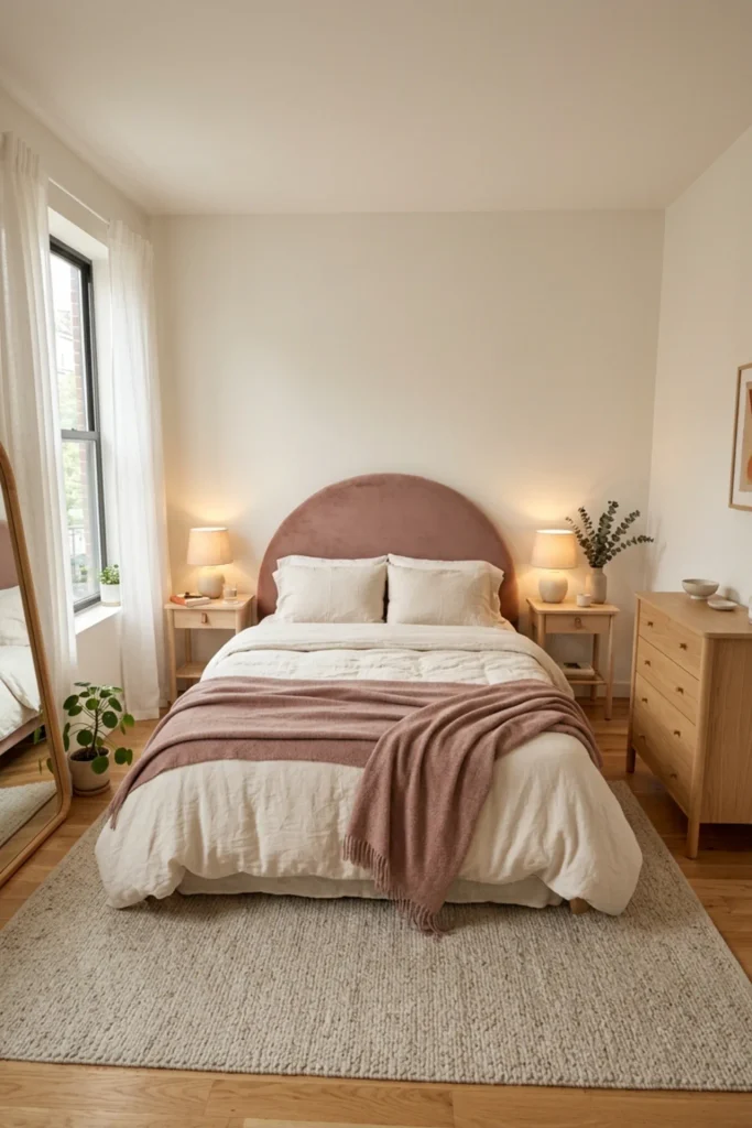 Finished romantic minimalist small apartment bedroom with a calm soft look