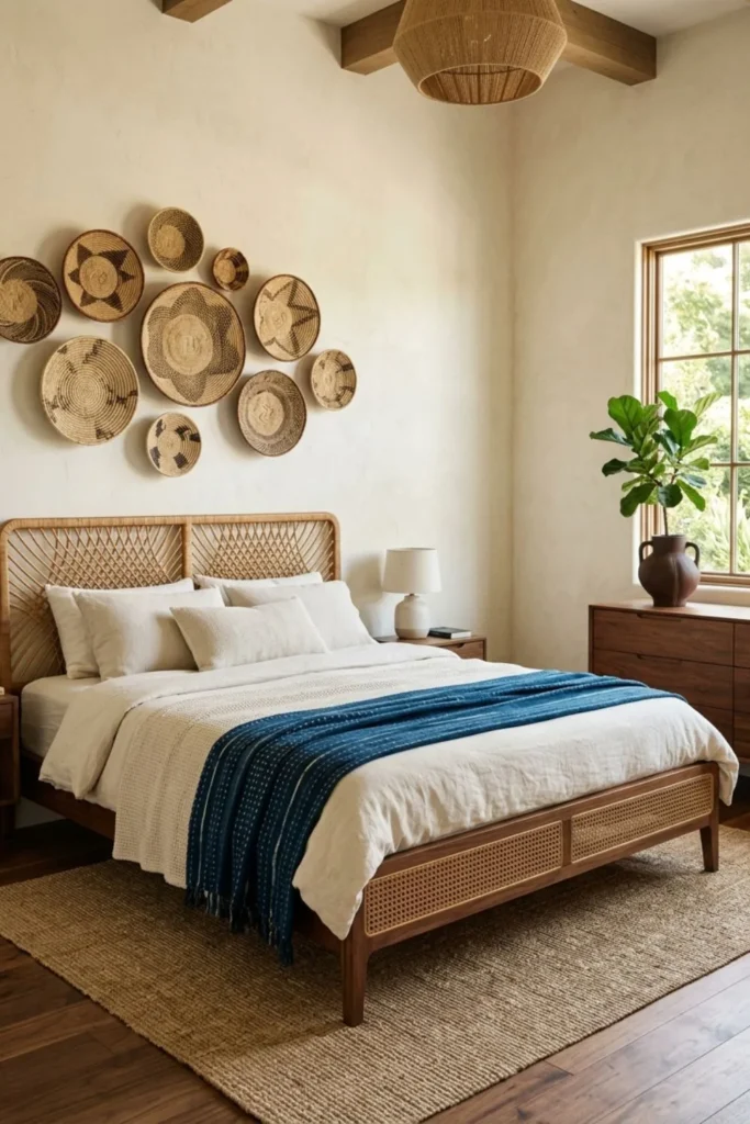 Finished Afrohemian bedroom styled to feel collected rather than cluttered